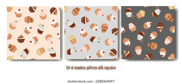 Set of seamless patterns or greeting card with cupcakes. Backgrounds for gift wrap, wallpapers and textile. birthday print, wedding. Vector endless fabric print collection.