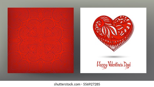 Set of seamless patterns and greeting cards for Valentine's Day with ornate Love heart and inscription. Stock vector.