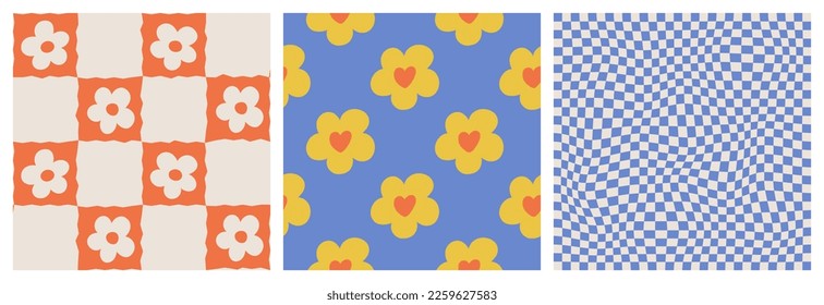 Set with seamless patterns groovy aesthetic. Spring mood. Cute flowers. Retro background for design and card, covers, package, wrapping paper.