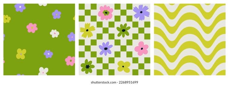 Set with seamless patterns groovy aesthetic. Spring mood. Cute flowers. Retro background for design and card, covers, package, wrapping paper.