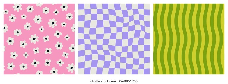 Set with seamless patterns groovy aesthetic. Spring mood. Cute flowers. Retro background for design and card, covers, package, wrapping paper.