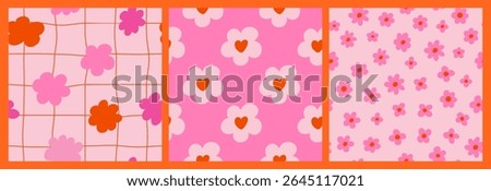 Set with seamless patterns groovy aesthetic. Spring mood. Cute pink and red flowers. Retro background for design and card, covers, package, wrapping paper.