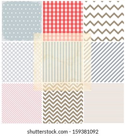 Set of seamless patterns + grunge frame (on the blue pattern with dots) + transparent layer with spots for additional vintage effect.
