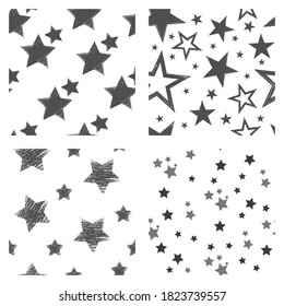 Set of seamless patterns with grunge textured stars. Vector repeated backgrounds.