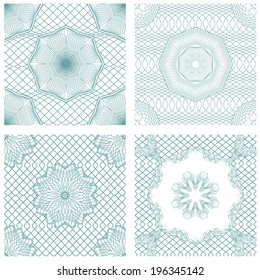 Set of seamless patterns - Guilloche ornamental Elements for Certificate, Money, Diploma, Voucher, decorative round frames.  Vintage backgrounds. Ready to use as swatch
