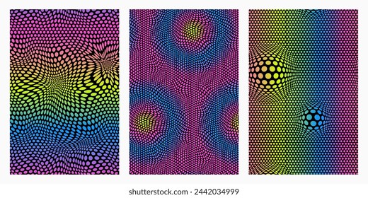 Set of Seamless patterns of halftone dots or polka dots twisted, distorted, convex. Vector backgrounds of multicolored dots with a gradient in holographic tones.