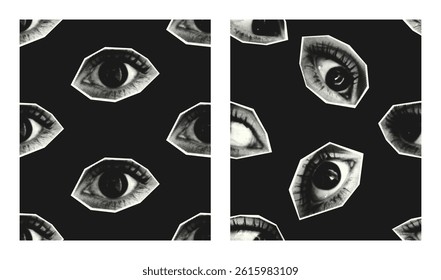 Set of seamless patterns with halftone eyes. Female collage eye design for seamless pattern. Graphics for background, textile, fabric or wallpaper. Vector illustration.