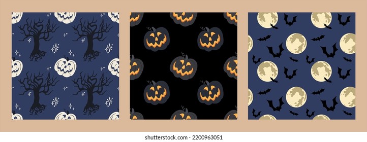 Set of seamless patterns. Halloween decoration. Moon, bat, pumpkins, trees. Printable template for holiday wrappers, postcards, takani, covers and more.