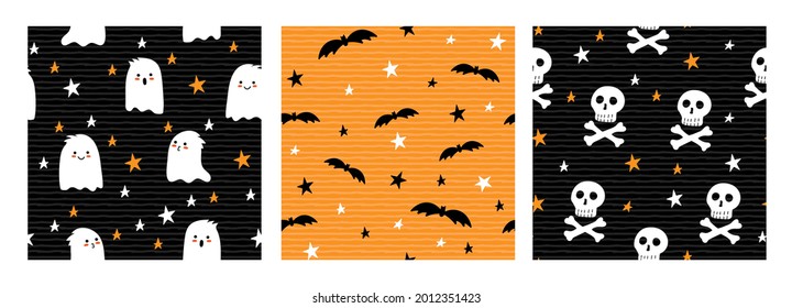 Conjunto de patrones sin fisuras para Halloween. Diseño de papel, textiles y decoración. Ilustración vectorial.