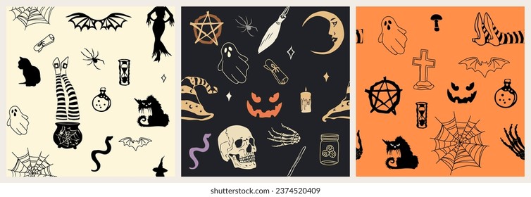 Set of seamless patterns with Halloween elements.