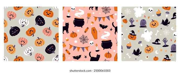 Set of seamless patterns with Halloween items. Vector graphics.