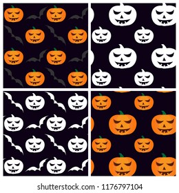 set of seamless patterns for Halloween, with pumpkins and bats. color and monochrome. infinite image. vector illustration.