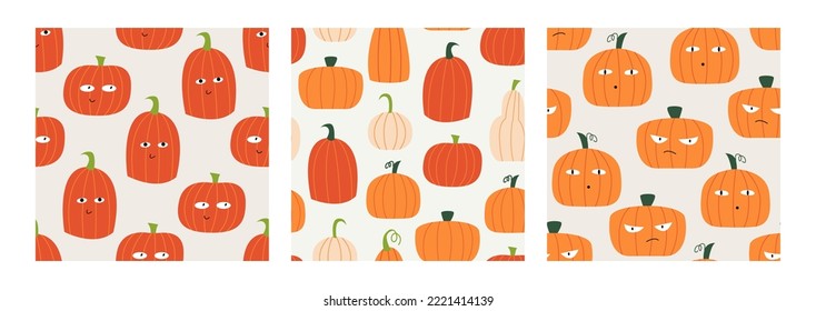 Set of seamless patterns with halloween pumpkins with funny faces. Autumn vector backgrounds