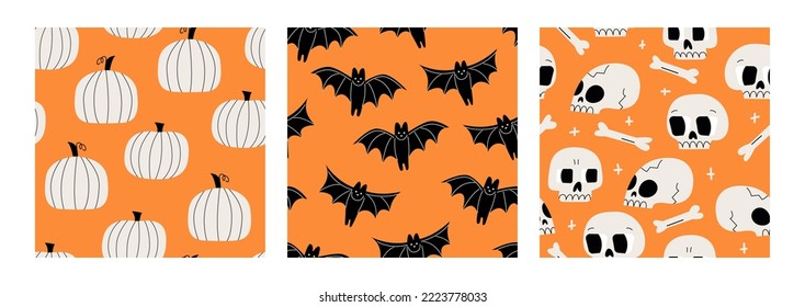 Set of seamless patterns with halloween pumpkins, bats and skulls. Autumn vector backgrounds