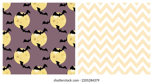 Set of seamless patterns of Halloween spooky bats, flying around the moon, and chevron lines. Background for Halloween celebration, textiles, wall papers, wrapping paper, scrapbooking.