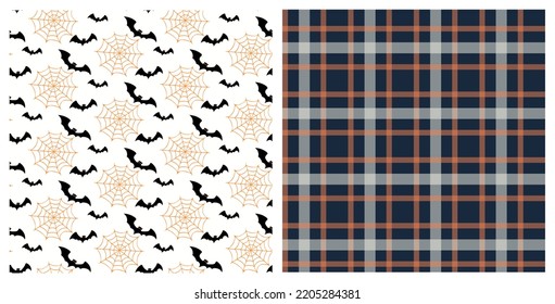 Set of seamless patterns of Halloween spooky bats, flying around  spider webs, and Autumn plaid. Background for Halloween celebration, textiles, wall papers, wrapping paper, scrapbooking.
