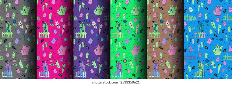 Set of seamless patterns for Halloween. Survival night. Ghosts, houses, moon, cats in naive style. Vector illustration for Halloween. October 31st.