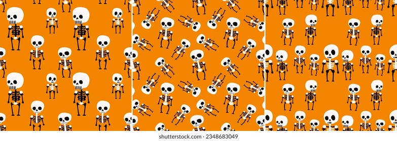 Set of seamless patterns for Halloween. Seamless vector with skeletons on orange background for fall holiday textile print or objects