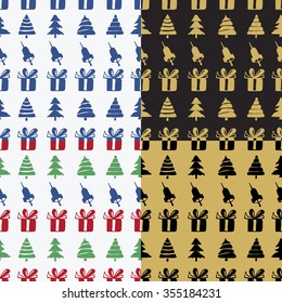 Set seamless patterns with hand bells, gift boxes and christmas trees,  fir-tree decoration vector illustration. Christmas elements.