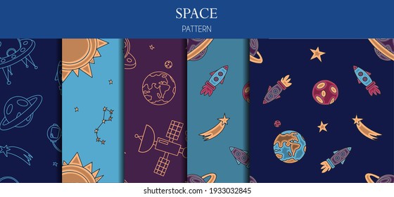 A set of seamless patterns. Hand draw space illustration with a rocket, astronaut, planets and aliens. Cute, children s vector drawing about spaceships, flying saucers and shuttles. Space with Saturn