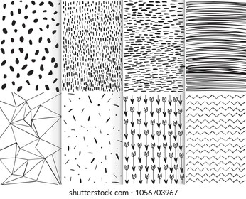 Set of seamless patterns with hand drawn ink elements. 