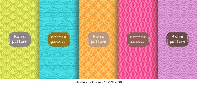 Set of Seamless patterns with hand drawn lines on vibrant background. Collection of vector illustration bright design. Abstract geometric patterns. Art deco