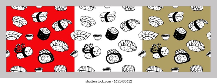 Set of seamless patterns. Set of hand drawn different Japanese sushi and rolls. Vector illustration.