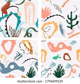 Set of seamless patterns. Hand drawn various shapes and doodle objects. Abstract contemporary modern trendy vector illustration. Stamp texture. Every pattern is isolated

