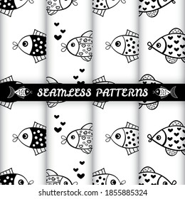 The set of the seamless patterns with the hand drawn fishes is on white background. The save with the Clipping Mask.
