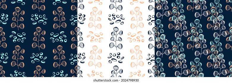 Set of seamless patterns with hand drawn doodle repeating plant elements. Vector simple design for wallpapers, textiles, covers and more.
