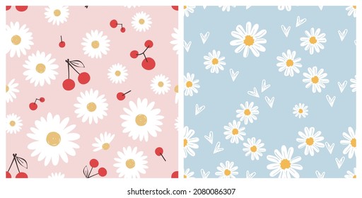 Set of seamless patterns with hand drawn daisy flowers, red cherry fruit and little white hearts on pink and blue backgrounds vector illustration.  