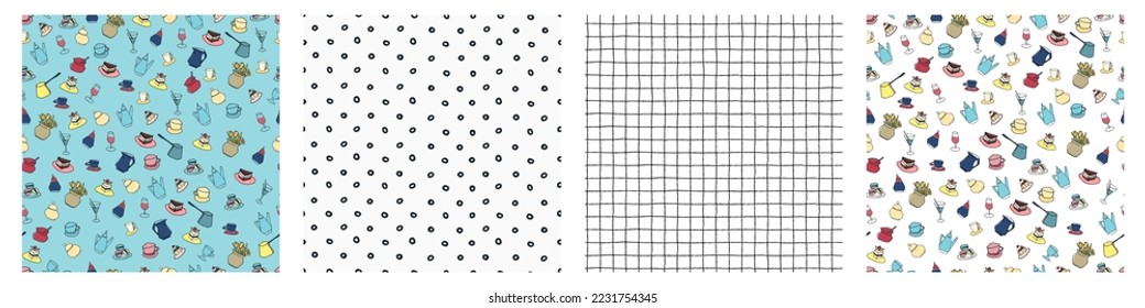 Set of seamless patterns with hand drawn cafe scenes and objects