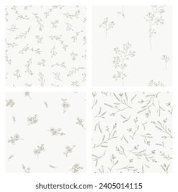Set of seamless patterns. Hand drawn flowers and plants.