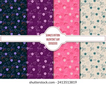 Set of seamless patterns with hand drawn hearts, flowers and text. Valentine s day background. Vector graphic, EPS10