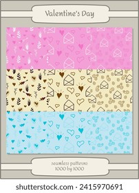 Set of seamless patterns with hand drawn hearts and letters. Valentine s day background. Vector graphic, EPS10