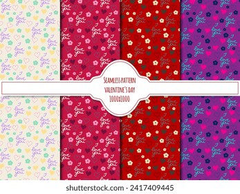 Set of seamless patterns with hand drawn hearts, flowers and text. Valentine s day background. Vector graphic, EPS10