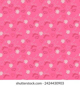 Set of seamless patterns with hand drawn hearts, flowers and text. Valentine s day background.