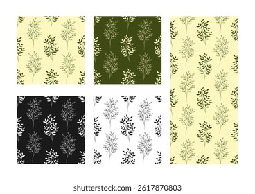 Set of seamless patterns with hand drawn stems with leaves, silhouettes, herbs, grass and branches in various simple minimalistic designs
