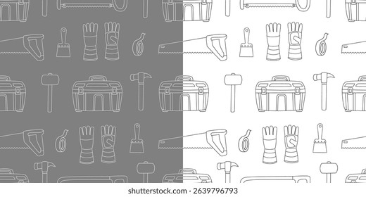 Set of seamless patterns with hand drawn construction tools like hammers, saws, gloves, paint scrapers, and tool boxes. Black and white outline vector illustrations on gray and white backgrounds