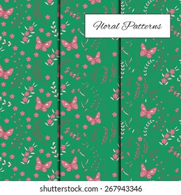 Set of seamless patterns with hand drawn elements. Beautiful floral backgrounds that are great for invitations, web projects, and any other uses.