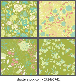Set of seamless patterns with hand drawn flowers. Vintage background. Vector illustration.