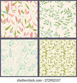 Set of seamless patterns with hand drawn leaves. Vintage background. Vector illustration.
