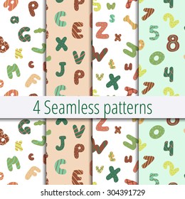 Set of Seamless patterns with hand drawn rounded alphabet letters and figures