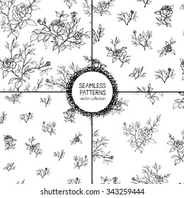 Set of seamless patterns. Hand drawn rose. Vintage style.  Vector illustration.