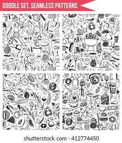 Set seamless patterns, hand drawn style. Cooking, healthy eating, tool.