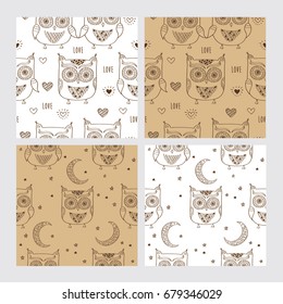 Set of seamless patterns with hand drawn cute owls and hearts for wallpapers, gift wrap and scrapbook.  Backgrounds for Valentine's Day, birthday, wedding. Vector illustration.