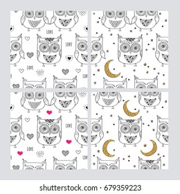 Set of seamless patterns with hand drawn cute owls, moon, stars  and hearts for wallpapers, gift wrap and scrapbook. Backgrounds for Valentine's Day, birthday, wedding. Vector illustration.