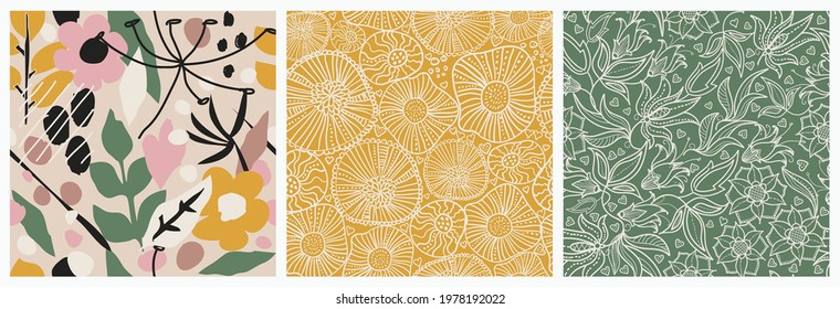 Set of Seamless patterns with hand painted flowers, leaves in retro color. Floral organic background. Hand drawn vector illustration for creating fabric, greeting card, wrapping paper, interior decor