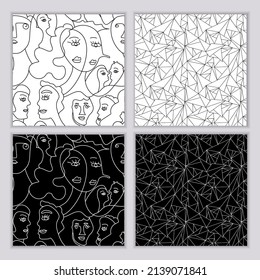 A set of seamless patterns of hand-drawn abstract faces of men and women in line art style and straight lines. Modern minimalist black and white drawing. Vector background