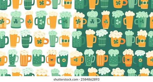 Set of seamless patterns with hand-drawn beer mugs in green and orange tones, decorated with shamrocks on white and green backgrounds. Perfect for St. Patrick’s Day fabric, wrapping paper, wallpaper